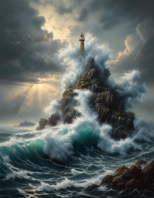 Peinture digitale sur toile - Océan déchaîné et son phare torturé - 60 x 50 cm